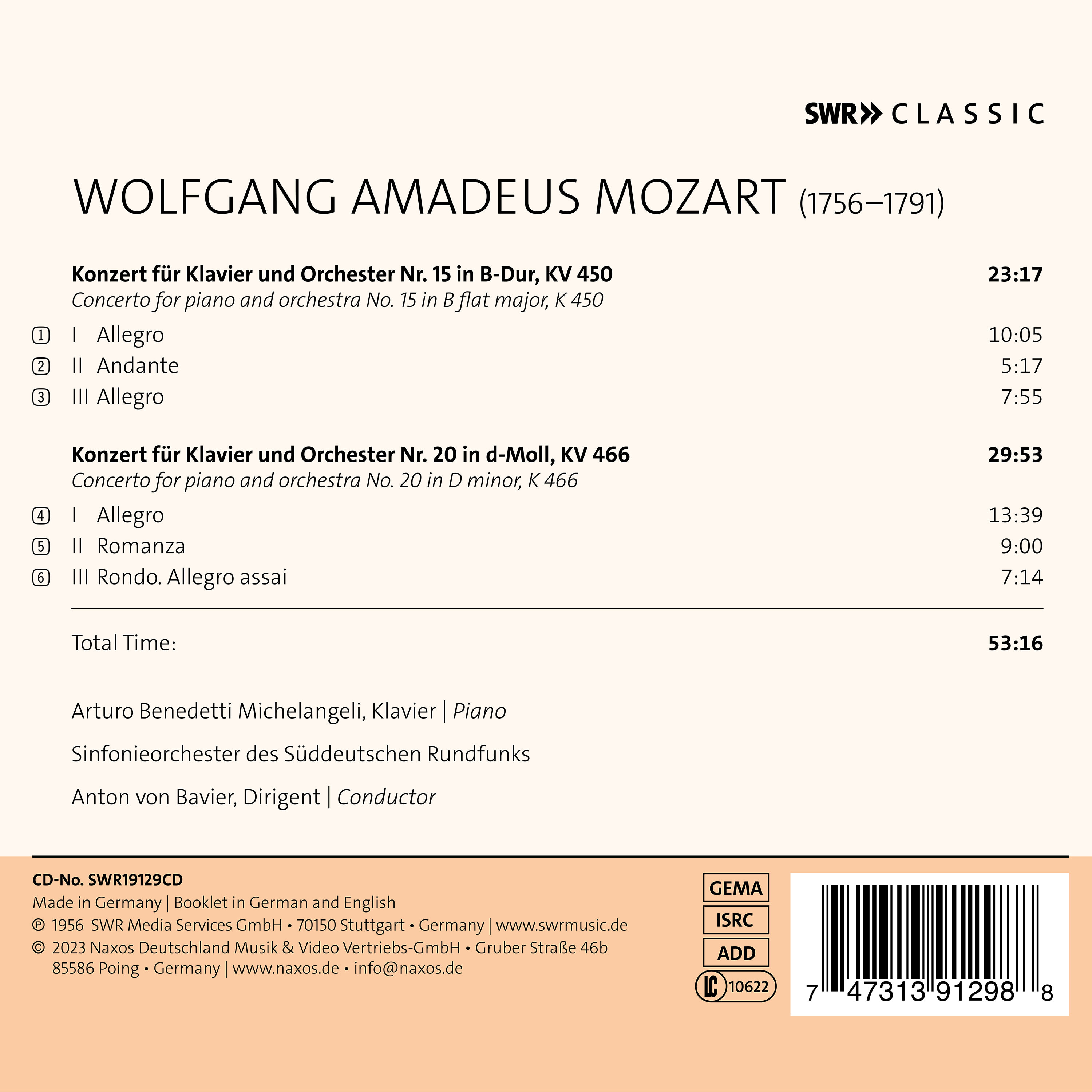 Arturo Benedetti Michelangeli 모차르트: 피아노 협주곡 20번, 15번 (Mozart: Piano Concertos K.450 & K.466)