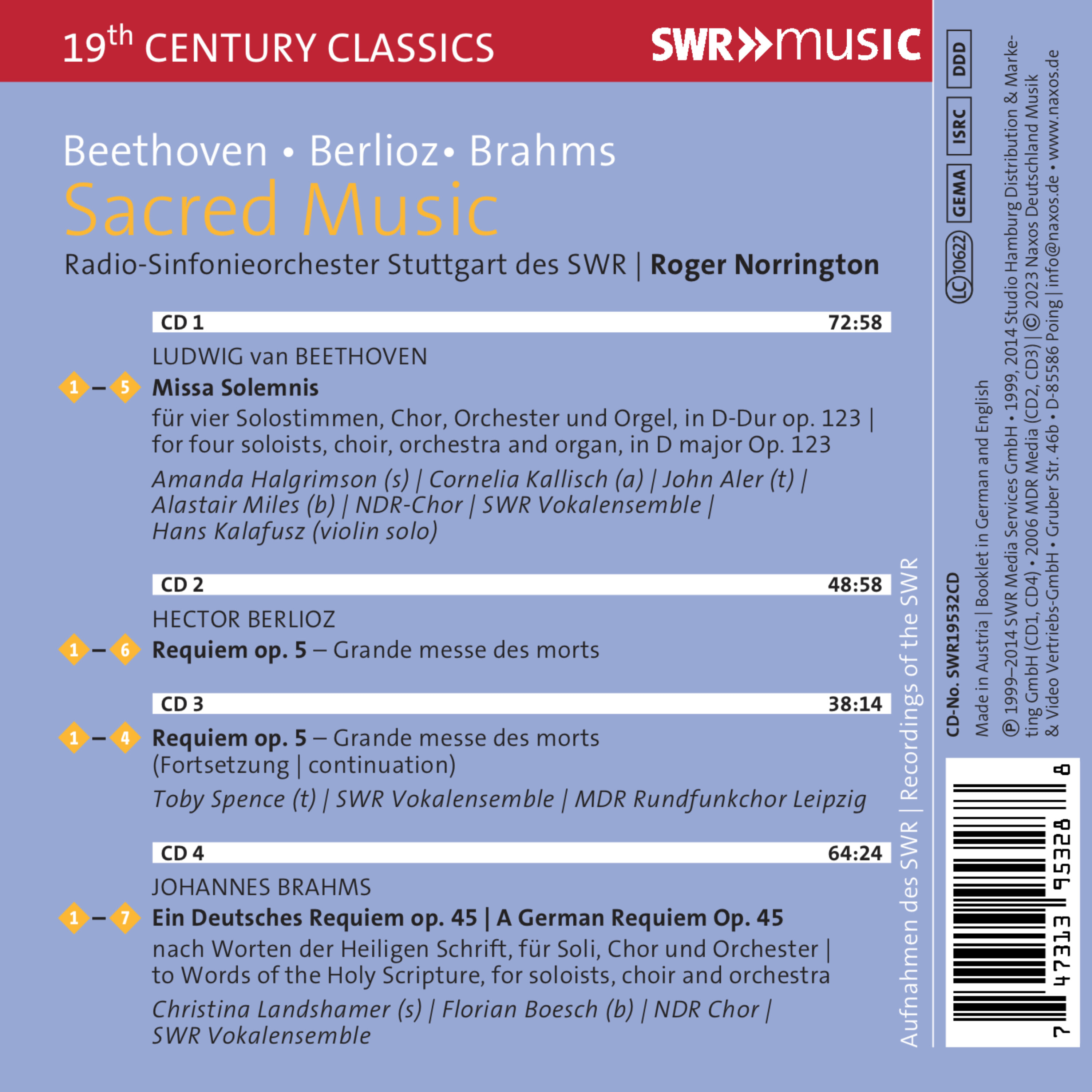 Roger Norrington 베토벤: 장엄미사 / 베를리오즈: 레퀴엠 / 브람스: 독일 레퀴엠 (Sacred Music - Beethoven, Berlioz, Brahms)