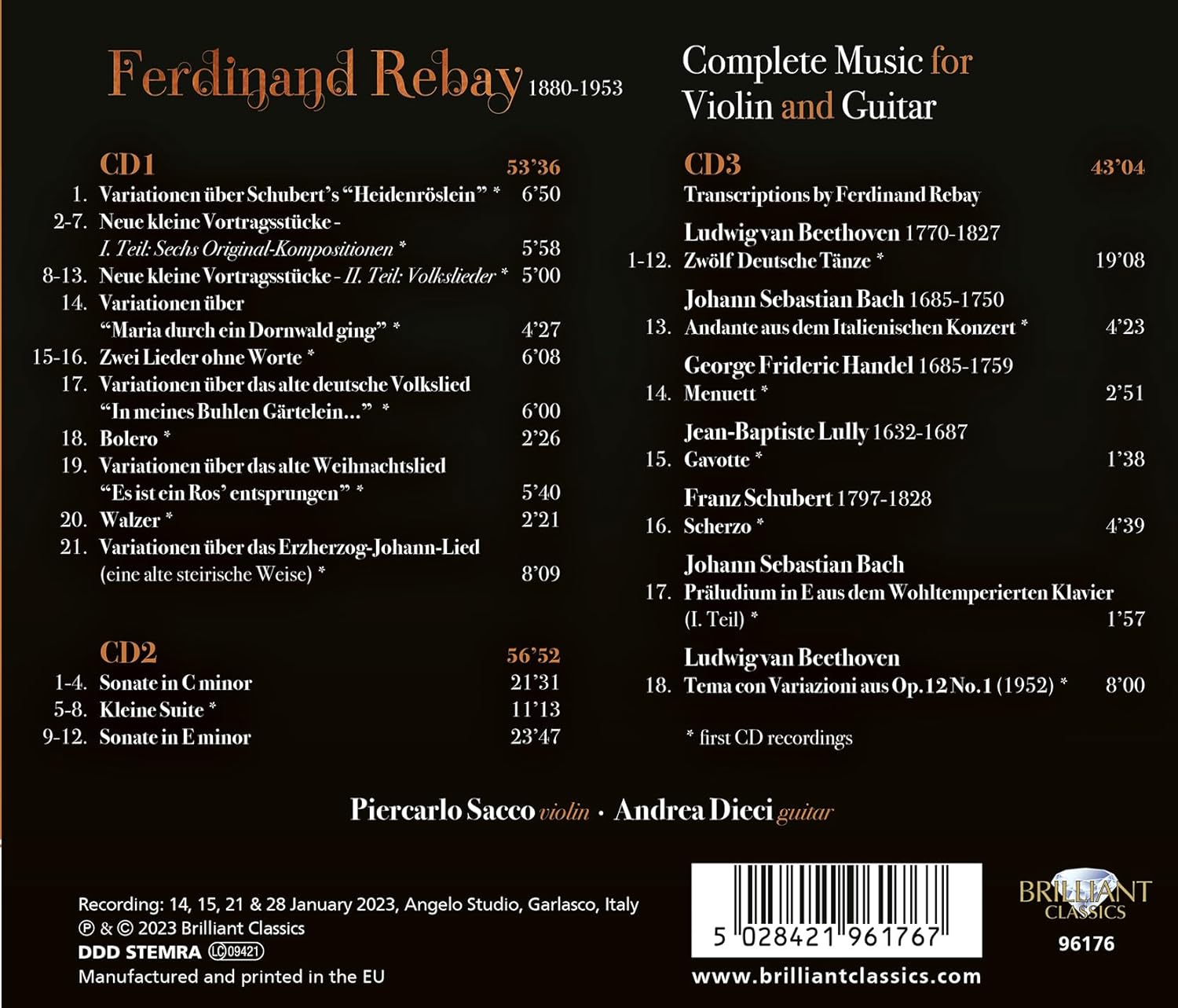 Piercarlo Sacco / Andrea Dieci 레바이: 바이올린과 기타를 위한 작품 전곡 (Rebay: Complete Music for Violin and Guitar)