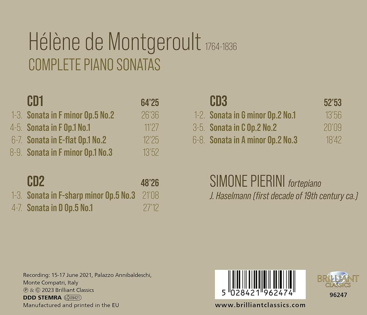 Simone El Oufir Pierini 몽제루: 피아노 소나타 전곡 (De Montgeroult: Complete Piano Sonatas)