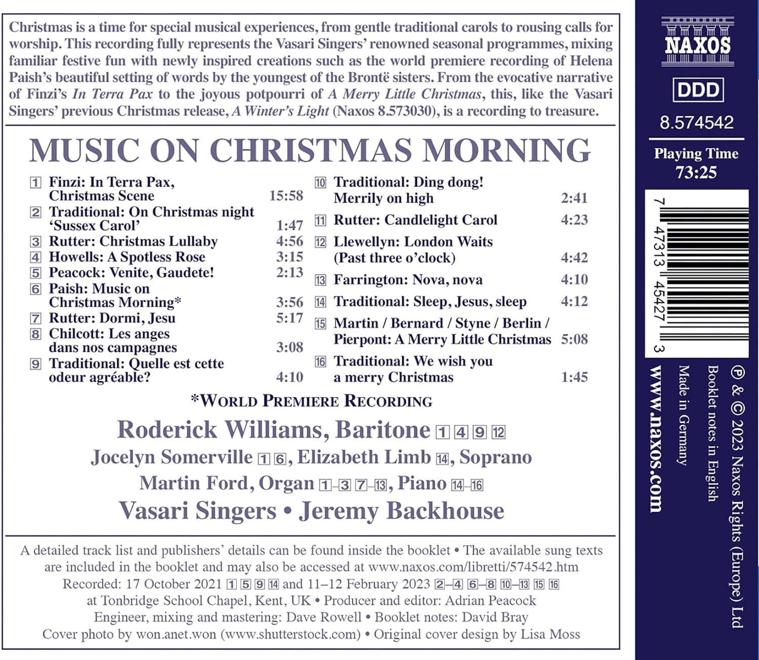 Vasari Singers 크리스마스 합창곡집 (Music on Christmas Morning)