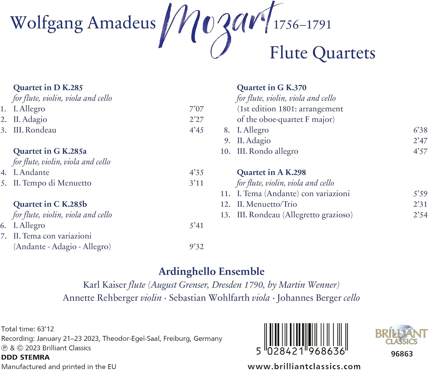 Ardinghello Ensemble 모차르트: 플루트 사중주집 (Mozart: Flute Quartets)