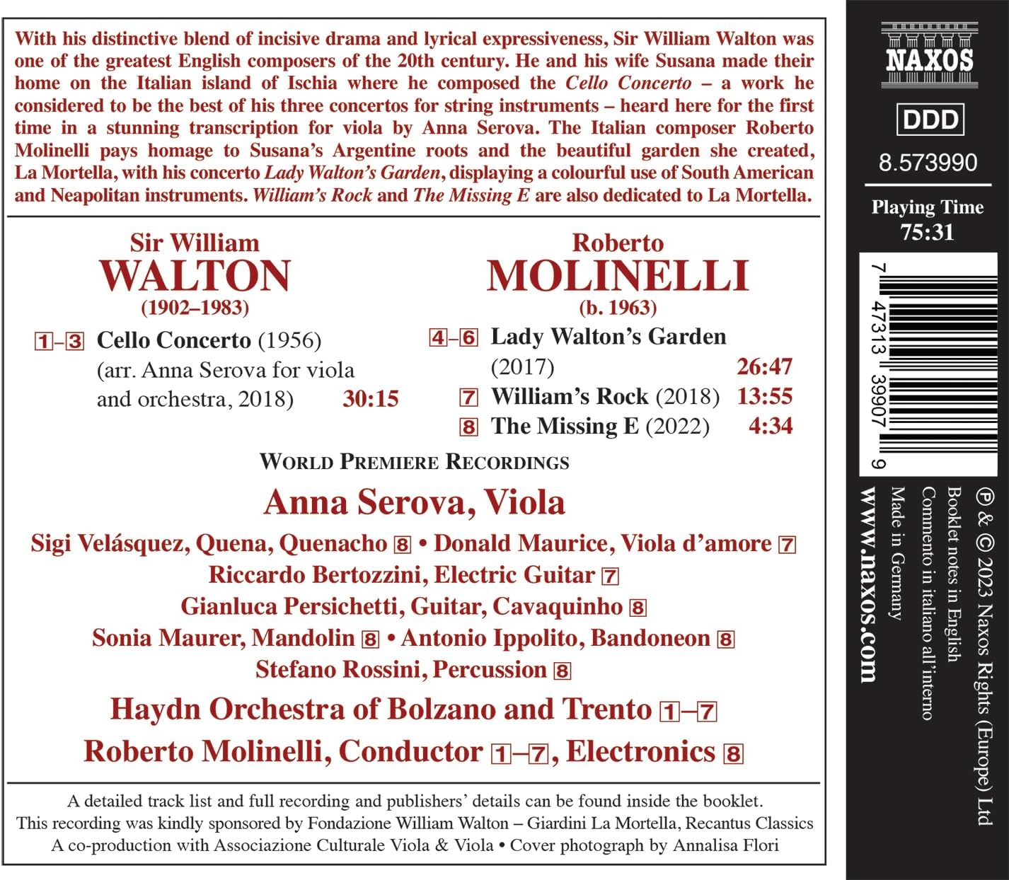 Anna Serova 월튼: 첼로 협주곡 [비올라 편곡 버전] & 몰리넬리: 비올라 협주곡 ‘월튼 부인의 정원’, 윌리엄의 바위, 미싱 E (Walton & Molinelli)