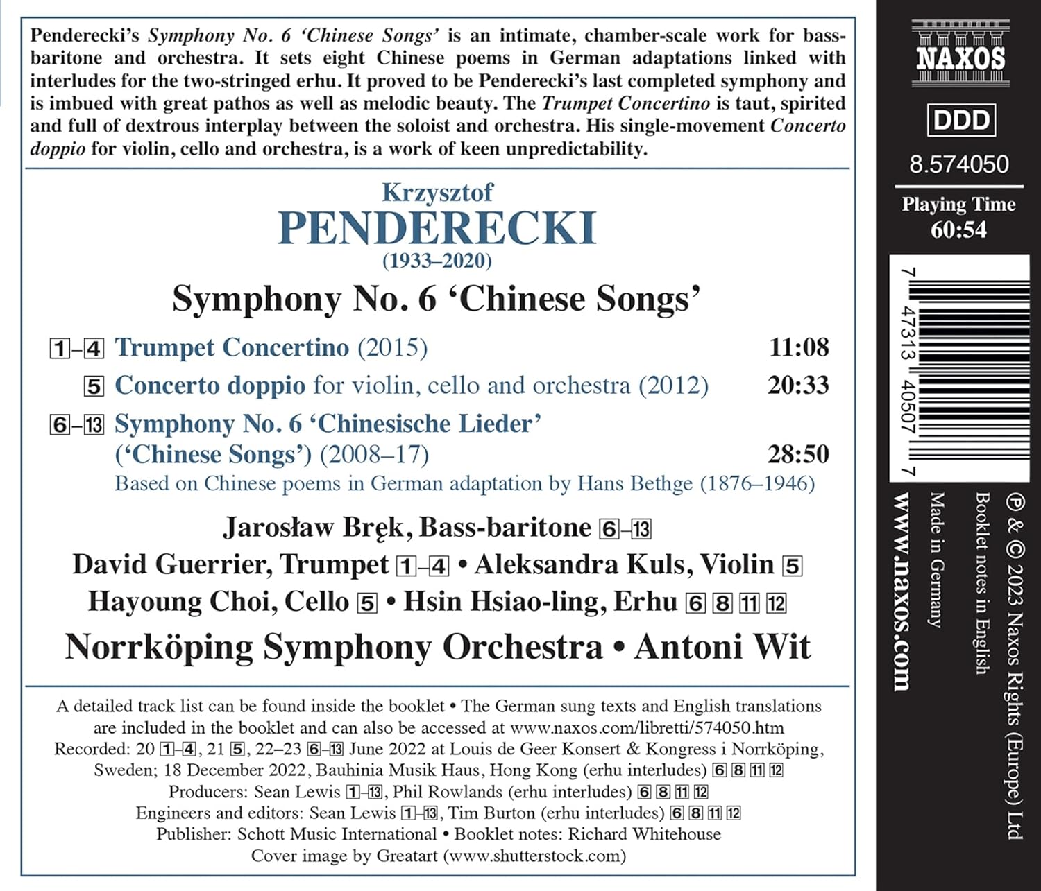 Antoni Wit 팬데레츠키: 교향곡 6번 ‘중국의 노래’ & 트럼펫 협주곡 & 이중협주곡  (Penderecki: Trumpet Concertino, Double Concerto for Violin & Cello & Symphony No. 6)