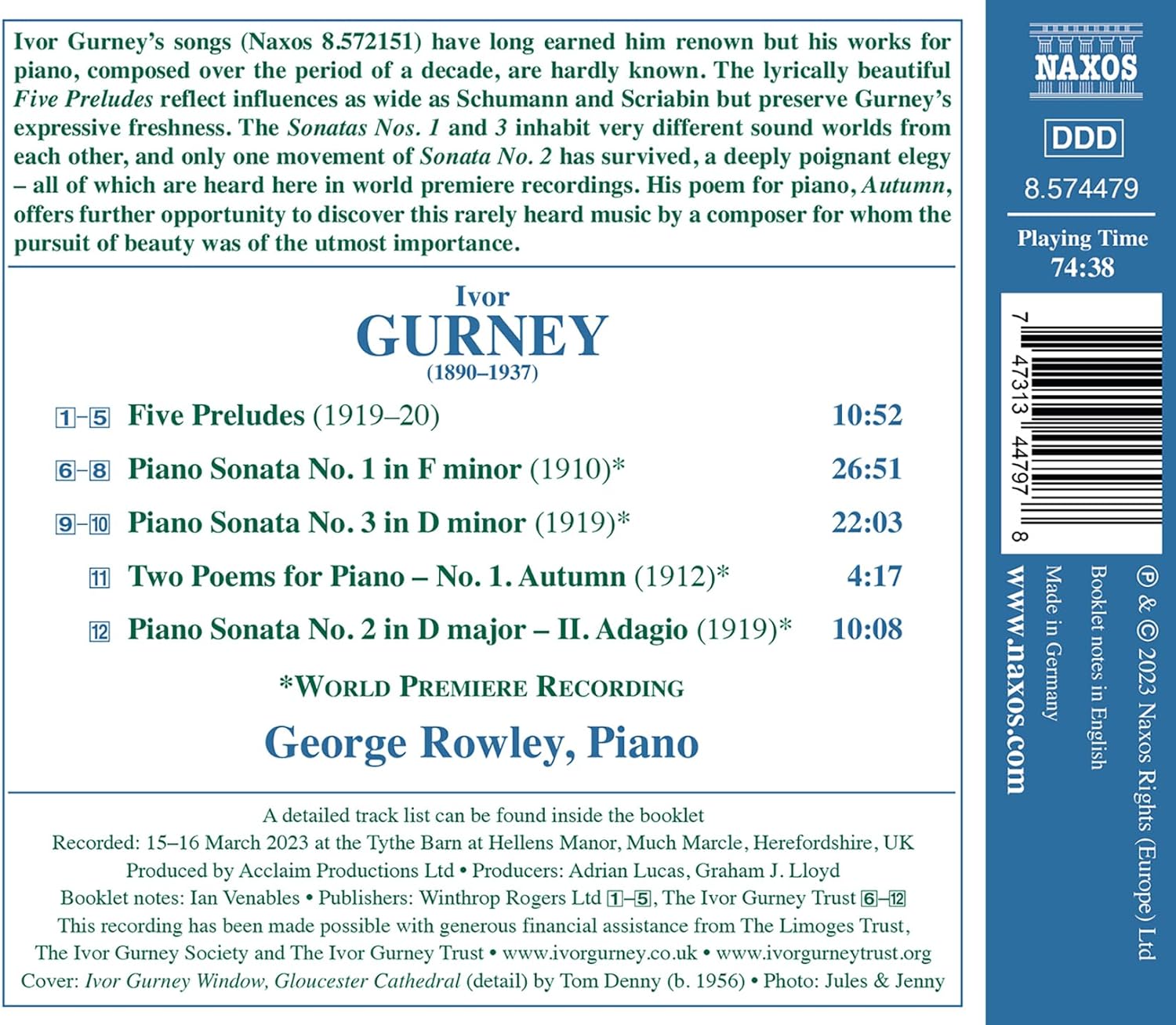 George Rowley 이보르 거니: 피아노 작품집 (Gurney: Piano Sonatas Nos. 1 & 3) 