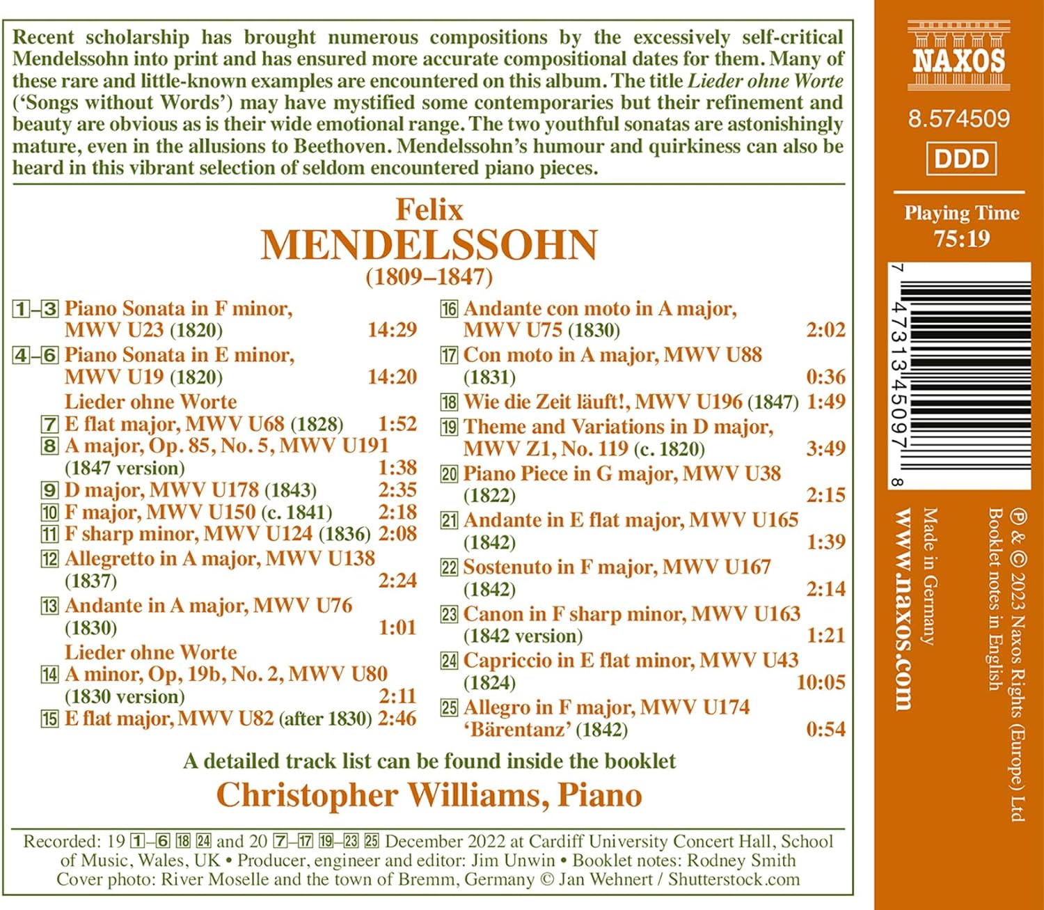 Christopher Williams 멘델스존: 피아노 희귀 작품집 (Mendelssohn: Piano Rarities)