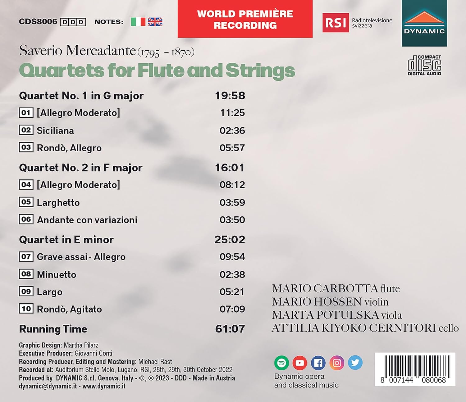 메르카단테: 플루트와 현을 위한 사중주곡 (Saverio Mercadante: Quartets for Flute and Strings)