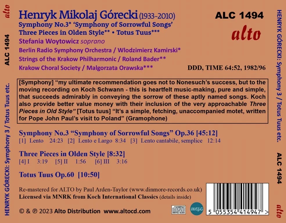 Malgorzata Orawska 고레츠키: 교향곡 3번 외 (Gorecki: Symphony No.3 'Sorrowful Songs' & Pieces in Olden Style & Totus Tuus)