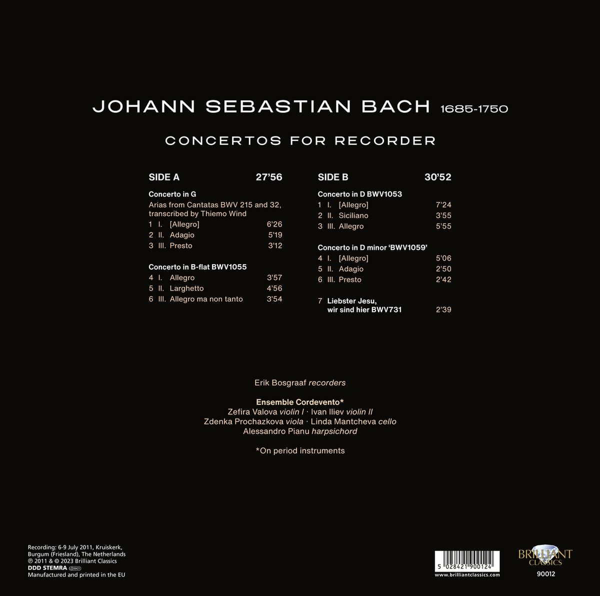 Erik Bosgraaf 바흐: 리코더 협주곡 (Bach: Concertos For Recorder) [LP]