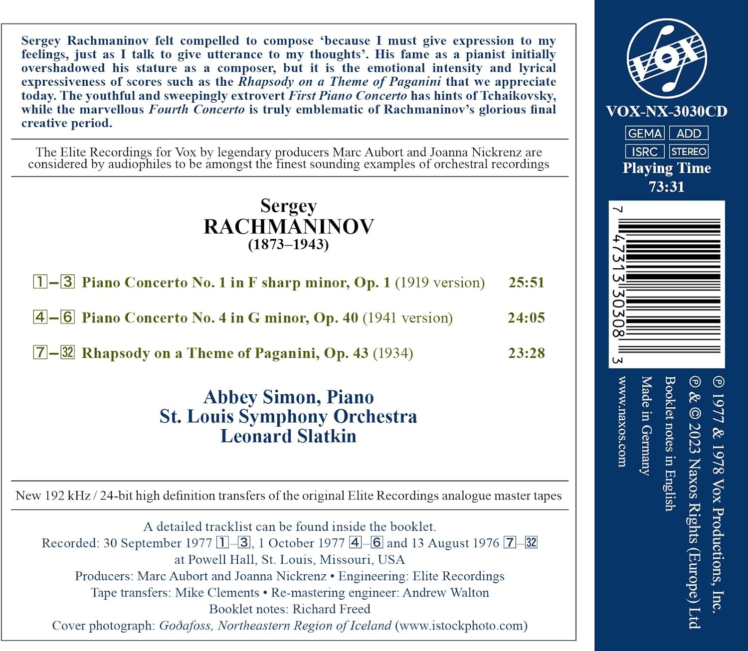 Abbey Simon 라흐마니노프: 피아노 협주곡 1, 4번, 파가니니 광시곡 (Rachmaninov: Piano Concertos Nos. 1 & 4, Rhapsody on a Theme of Paganini)