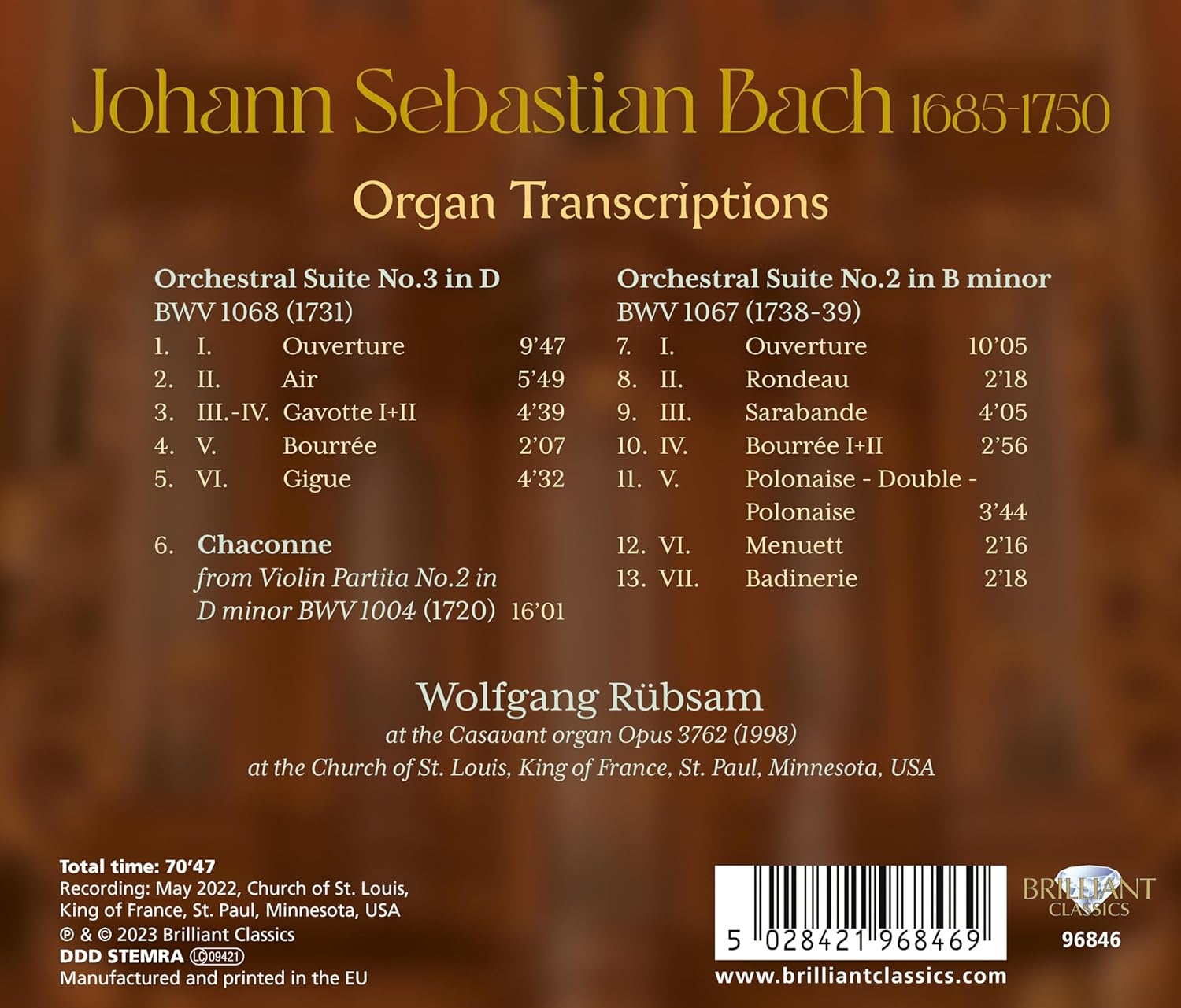 Wolfgang Rubsam 바흐: 관현악 모음곡 2~3번 외 [오르간 편곡판] (Bach: Organ Transcriptions. Orchestral Suites 2 & 3, Chaconne)