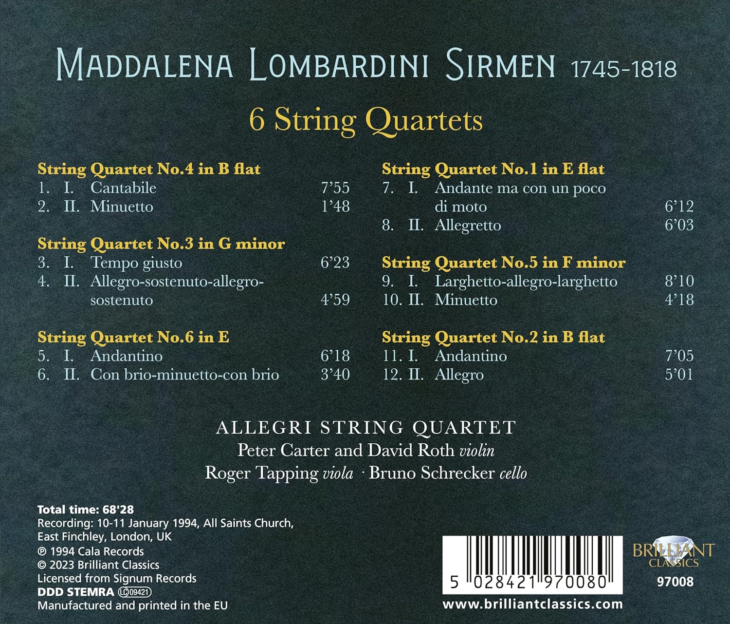 Allegri String Quartet 시르멘: 현악 사중주 1~6번 (Sirmen: 6 String Quartets)