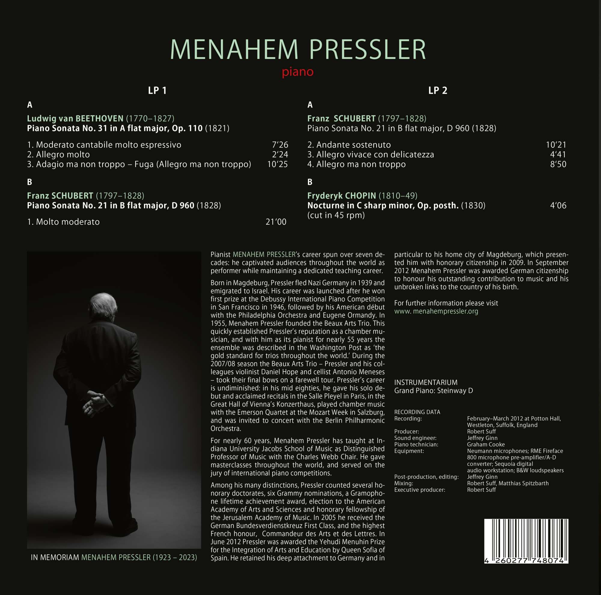 Menahem Pressler 베토벤 / 슈베르트 / 쇼팽: 피아노 및 기타 건반악기를 위한 음악 (Beethoven / Schubert / Chopin) [2LP]
