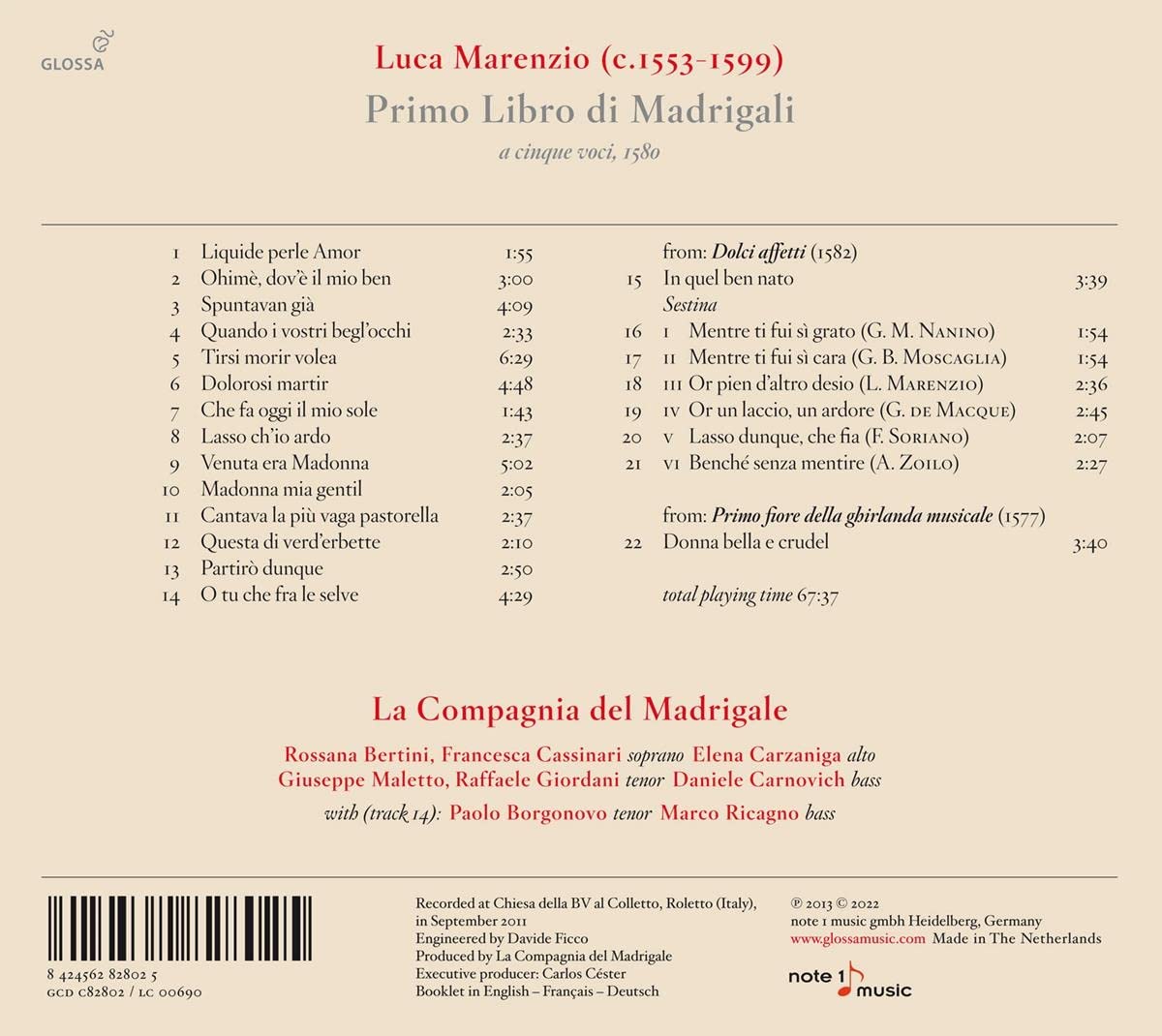 La Compagnia del Madrigale 마렌치오: 마드리갈 1권 (Marenzio: Primo Libro di Madrigali - Madrigals Book1)