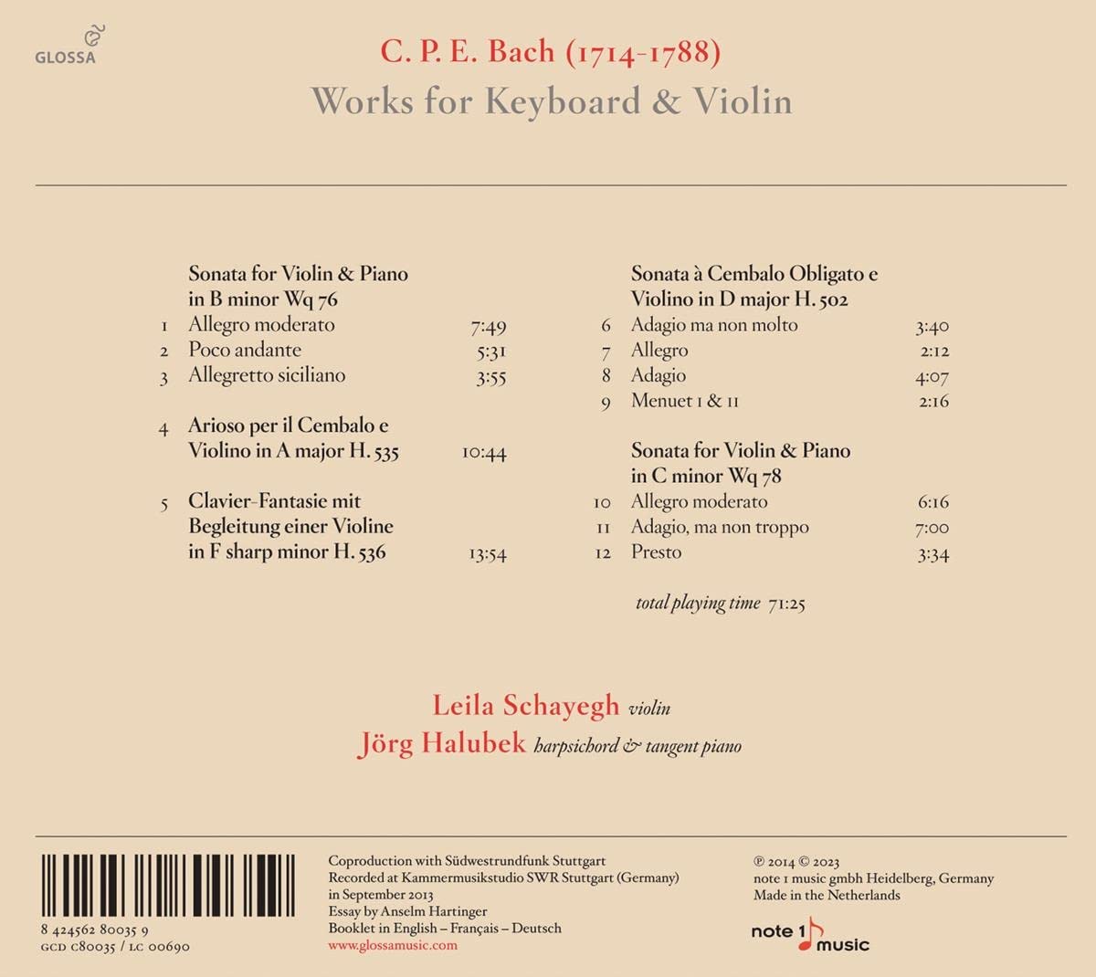 Leila Schayegh / Jorg Halubek 칼 필립 엠마누엘 바흐: 바이올린과 건반 악기를 위한 작품들 (C.P.E.Bach: Works for Keyboard & Violin)