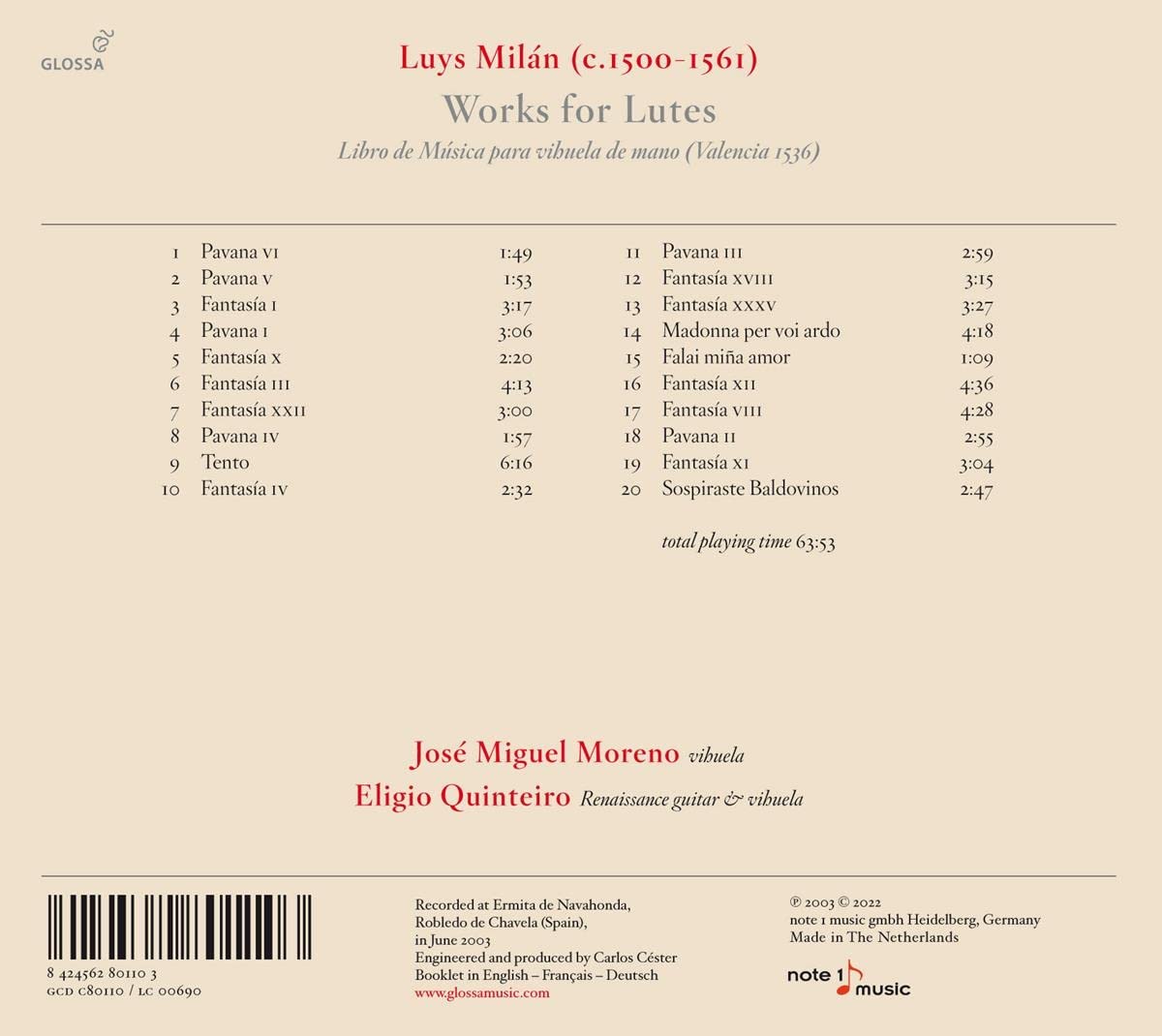 Jose Miguel Moreno / Eligio Quinteiro 루이스 밀란: 비후엘라 작품집 (Luys Milan: Works for Vihuela)