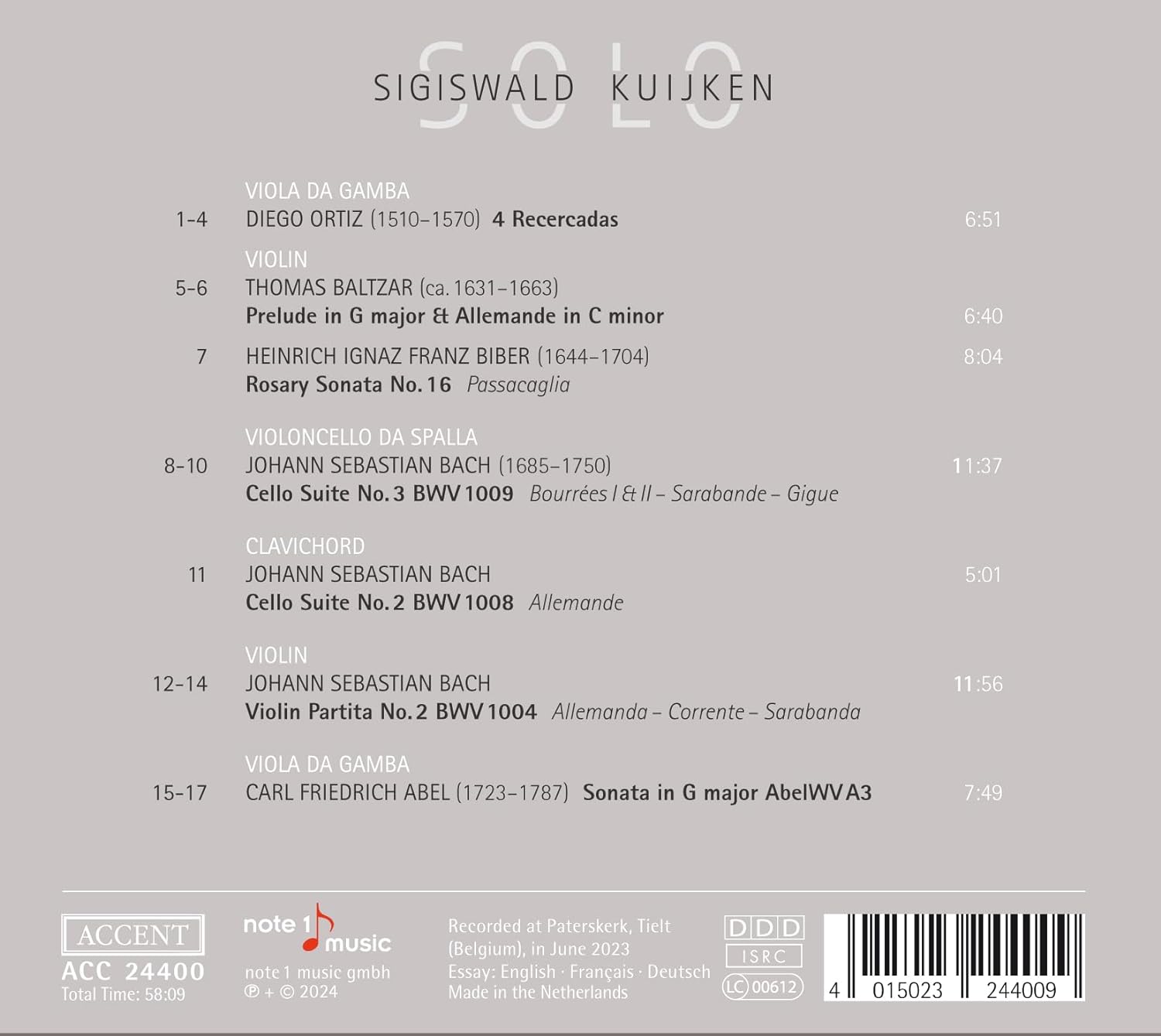 Sigiswald Kuijken 카위컨이 연주하는 바이올린, 비올라 다 감바, 비올렌첼로 다 스팔라, 클라비코드 (Solo - Abel, Bach, Baltzar, Biber, Ortiz)