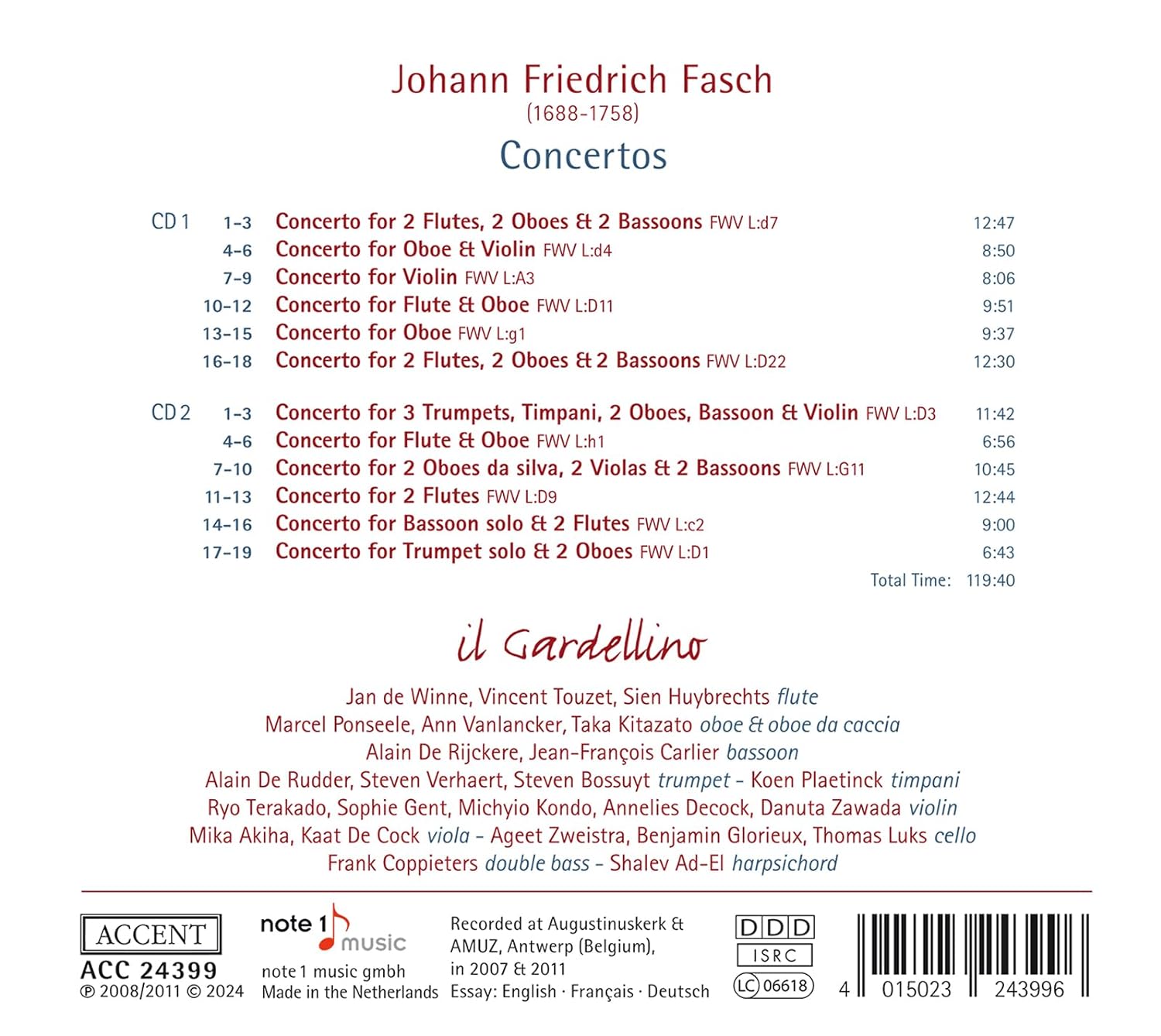 Il Gardellino 파슈: 다양한 악기를 위한 12곡의 협주곡 (Fasch: Concertos)