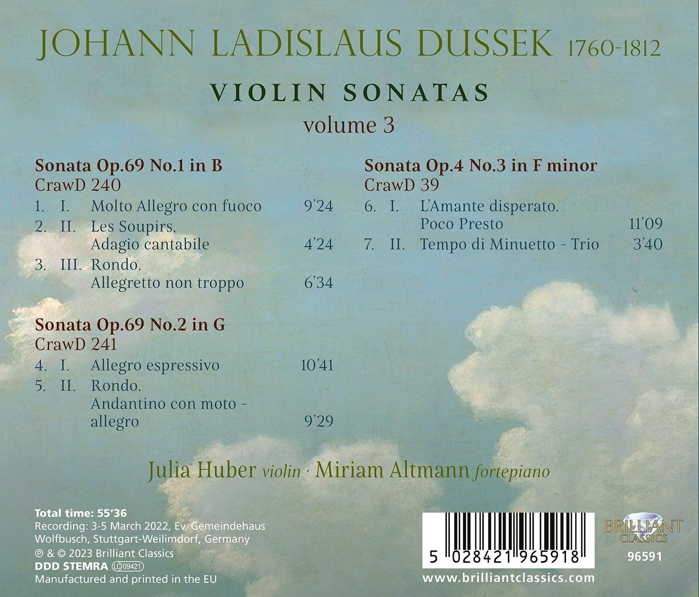 Julia Huber-Warzecha / Miriam Altmann-Rose 두세크: 바이올린 소나타 (Dussek: Violin Sonatas, Vol. 3)