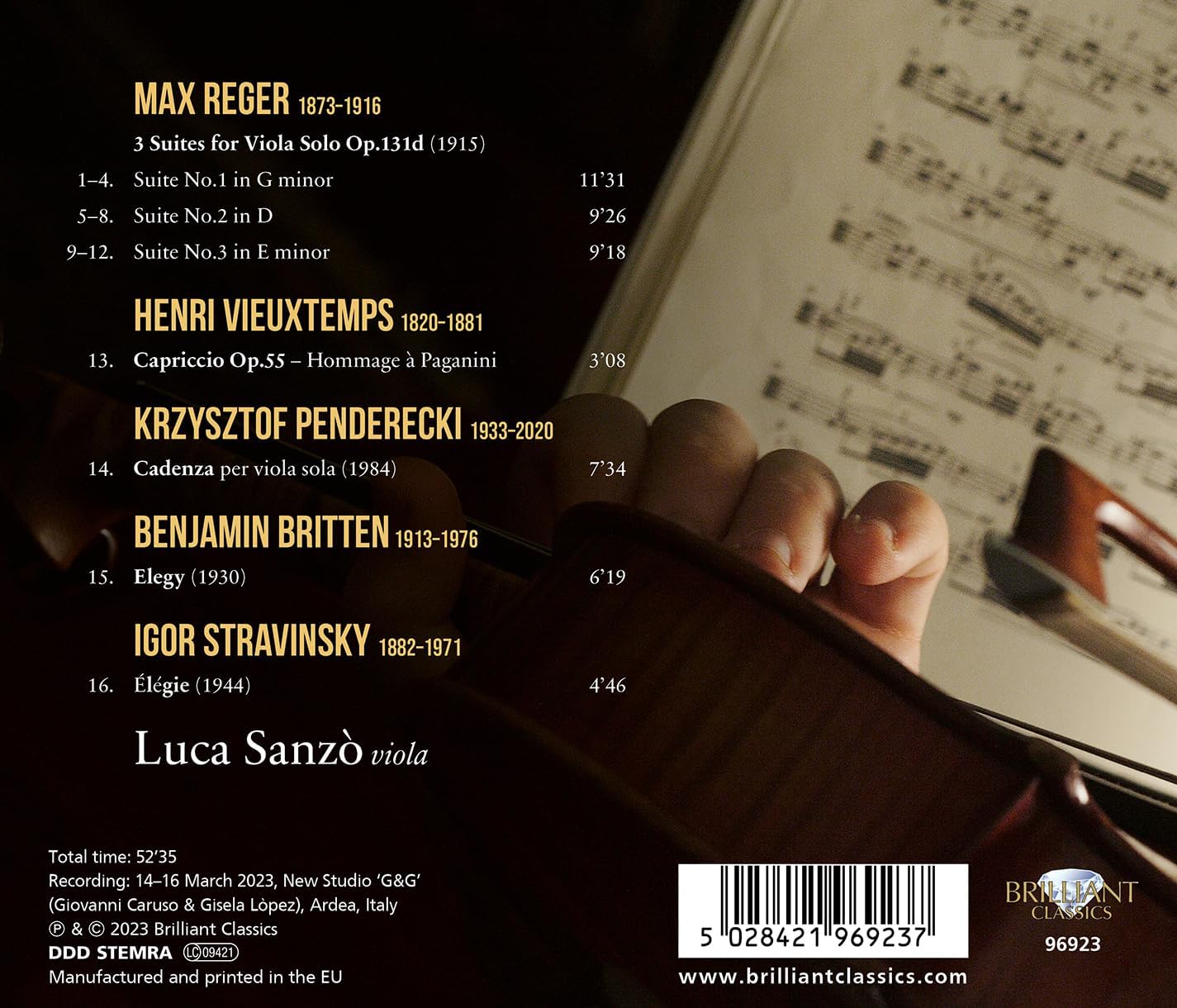 Luca Sanzo 레거 / 비외탕 / 펜데레츠키 / 브리튼 / 스트라빈스키: 비올라 독주곡 (Reger: 3 Suites for Viola Solo)