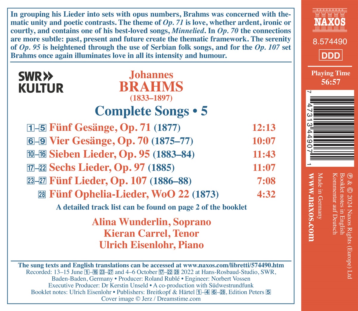Kieran Carrel / Alina Wunderlin 브람스: 가곡 5집 (Brahms: Complete Songs, Vol. 5)