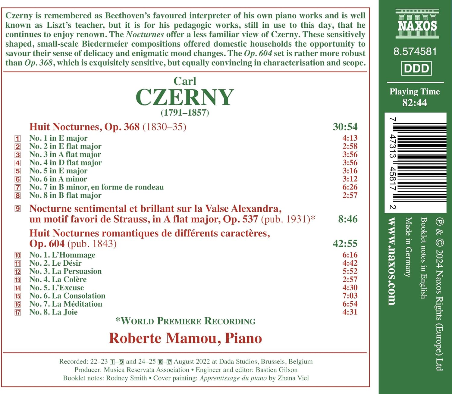 Roberte Mamou 체르니: 녹턴 (Czerny: Nocturnes, Opp. 368, 537 & 604)