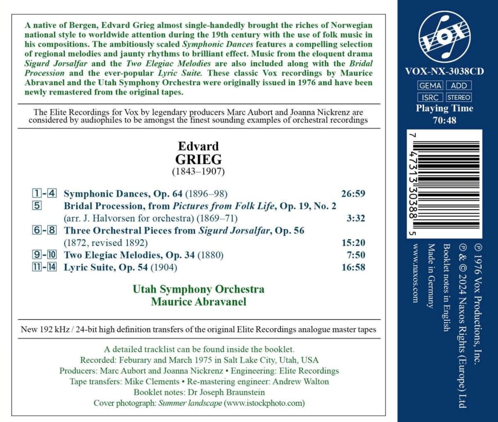 Maurice Abravanel 그리그: 교향적 무곡, 서정 모음곡, 십자군 병사 시구르, 2개의 슬픈 선율, 신부 행렬 (Grieg: Symphonic Dances, Lyric Suite)