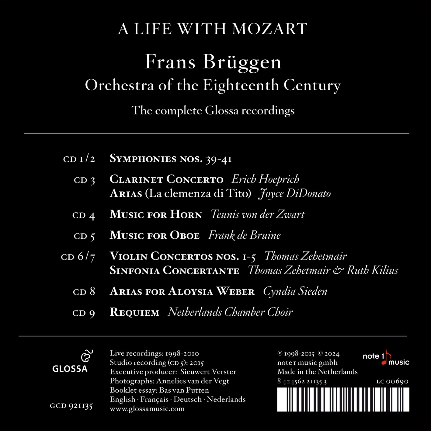 Frans Bruggen 모차르트: 교향곡 39-41번, 바이올린 협주곡 1-5번, 레퀴엠, 클라리넷 협주곡, 신포니아 콘체르탄테 외 (A Life with Mozart - The complete Glossa recordings)