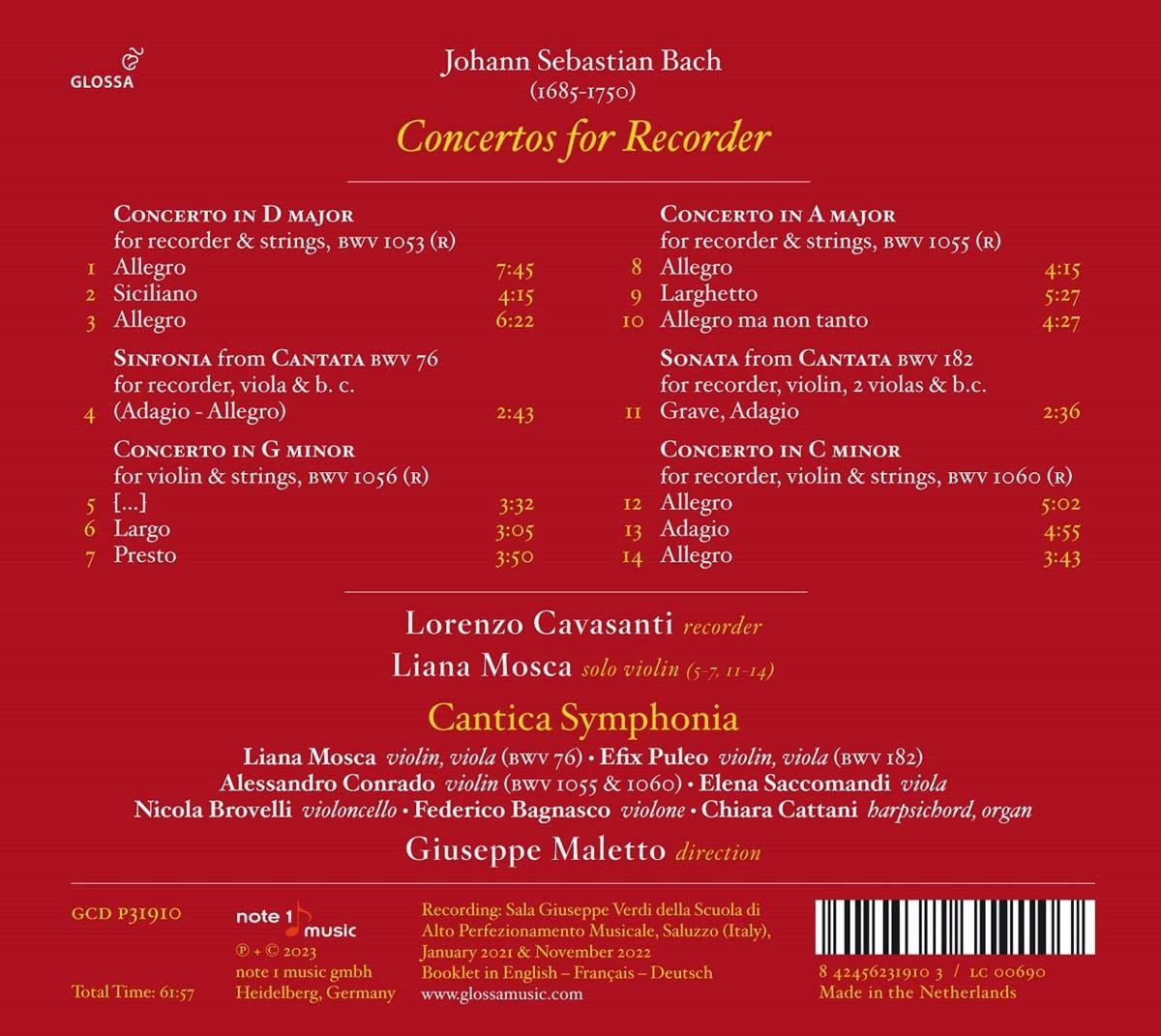 Lorenzo Cavasanti 바흐: 리코더 및 바이올린 협주곡 (Bach: Concertos for Recorder BWV 1053R, 1056R, 1055R, 1060R)