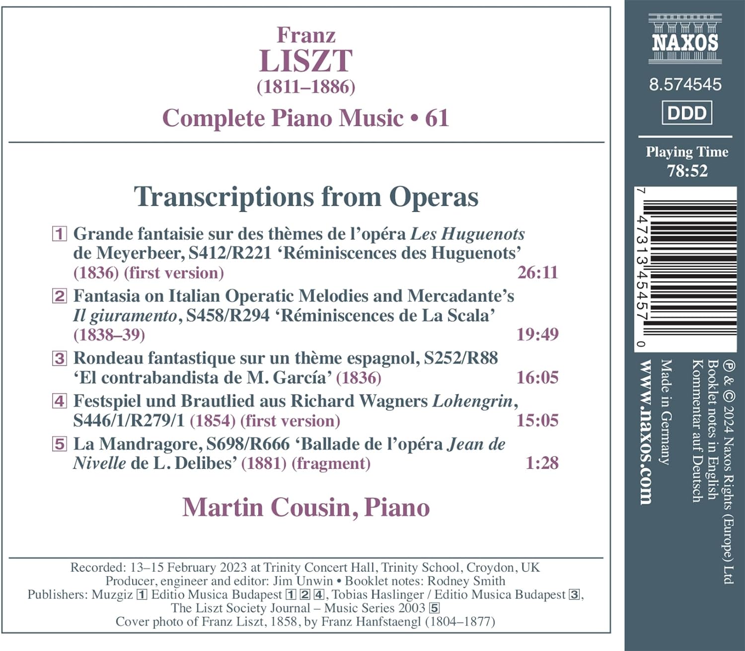 Martin Cousin 리스트: 피아노 전곡 61집 [오페라 편곡집] (Liszt: Piano Music 61)