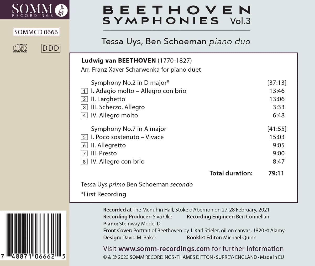 Tessa Uys / Ben Schoeman 피아노 듀오로 연주하는 베토벤: 교향곡 2번, 7번 (Beethoven: Symphonies, Arranged for Piano Duo, Vol. 3)