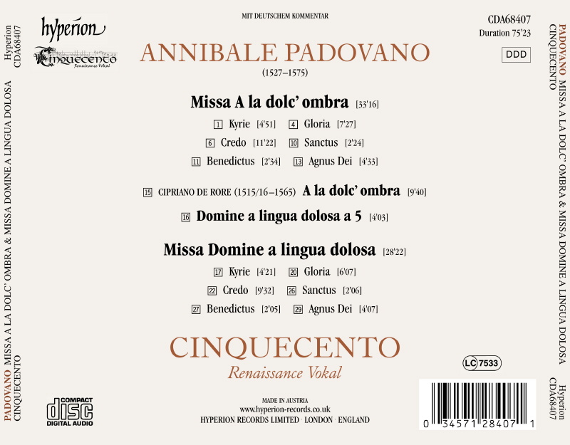 Cinquecento 안니발레 파도바노: 미사곡집 (Annibale Padovano: Missa A La Dolc` Ombra & Missa Domine A Lingua Dolosa)