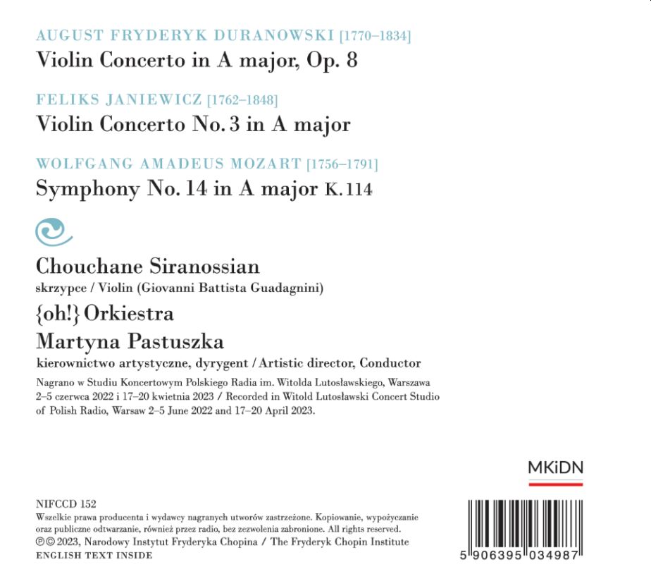 Chouchane Siranossian 두라노프스키: 바이올린 협주곡 / 야니에비치: 바이올린 협주곡 3번 / 모차르트: 교향곡 14번 (Duranowski / Janiewicz: Violin Concertos / Mozart: Symphony K. 144)