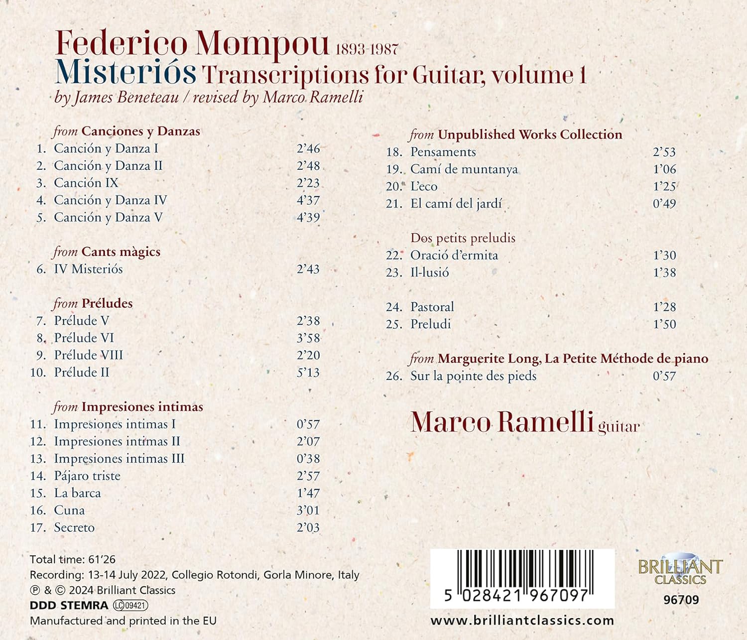 Marco Ramelli  몸포우: 기타를 위한 편곡, 제1집 (Mompou: Misterios, Transcriptions For Guitar Vol.1)