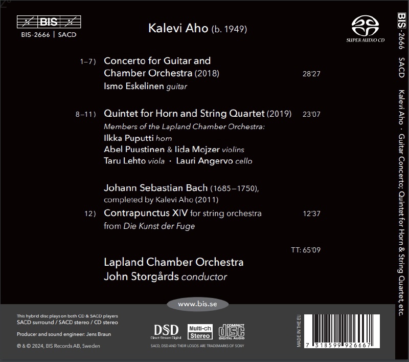 John Storgards 칼레비 아호: 기타 협주곡, 호른 오중주 (Kalevi Aho: Guitar Concerto, Quintet For Horn, Contrapunctus XiV)