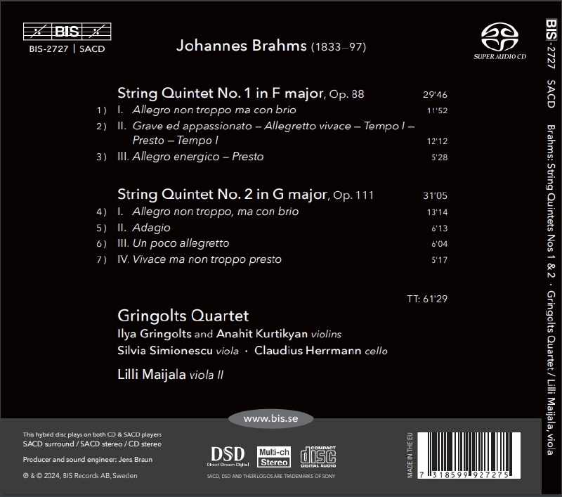 Gringolts Quartet 브람스: 현악 오중주 1번, 2번 (Brahms: String Quintet Op. 88, Op. 111)