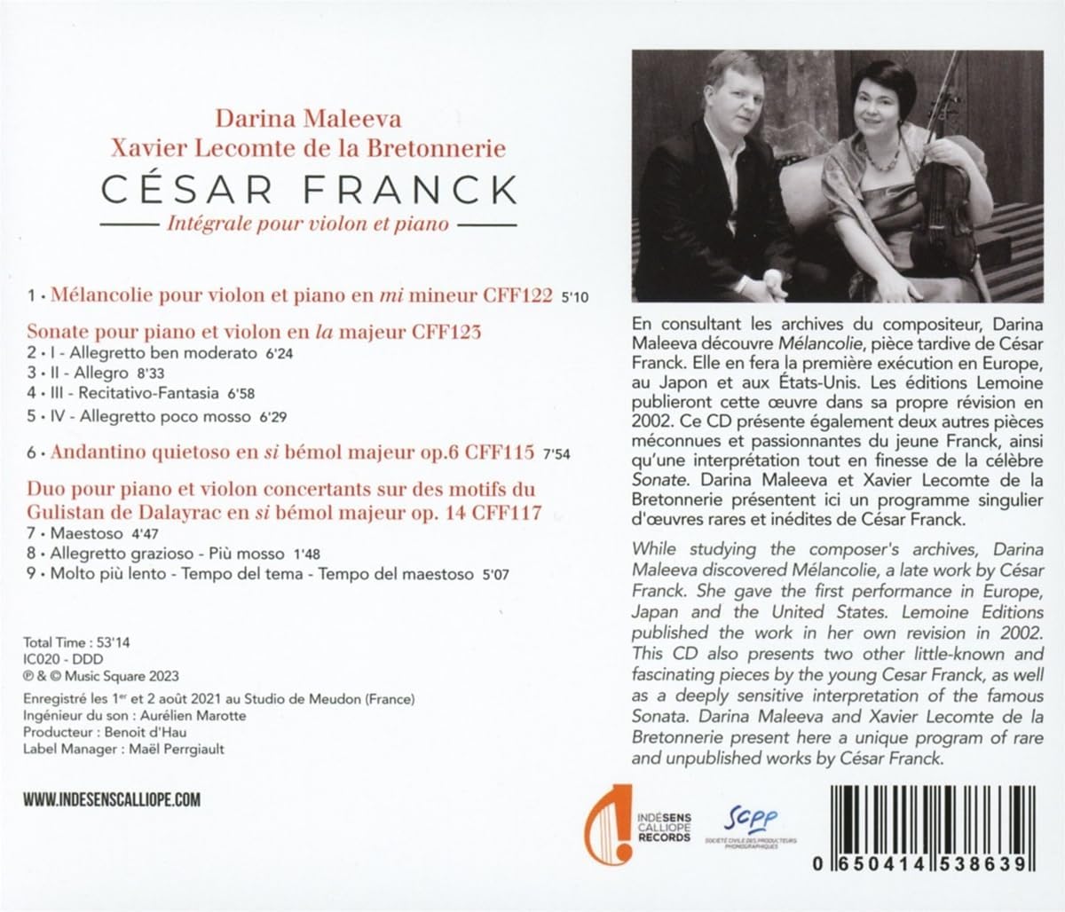 Darina Maleeva / Xavier Lecomte de la Bretonnerie 프랑크: 바이올린과 피아노를 위한 음악 전곡 (Franck: Integrale Pour Violon Et Piano)