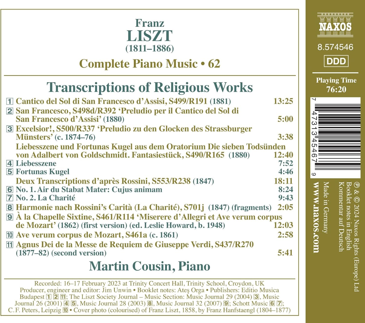 Martin Cousin 프란츠 리스트: 피아노 전곡 작품 62집 - 종교 음악 편곡 작품 (Liszt: Piano Music 62)