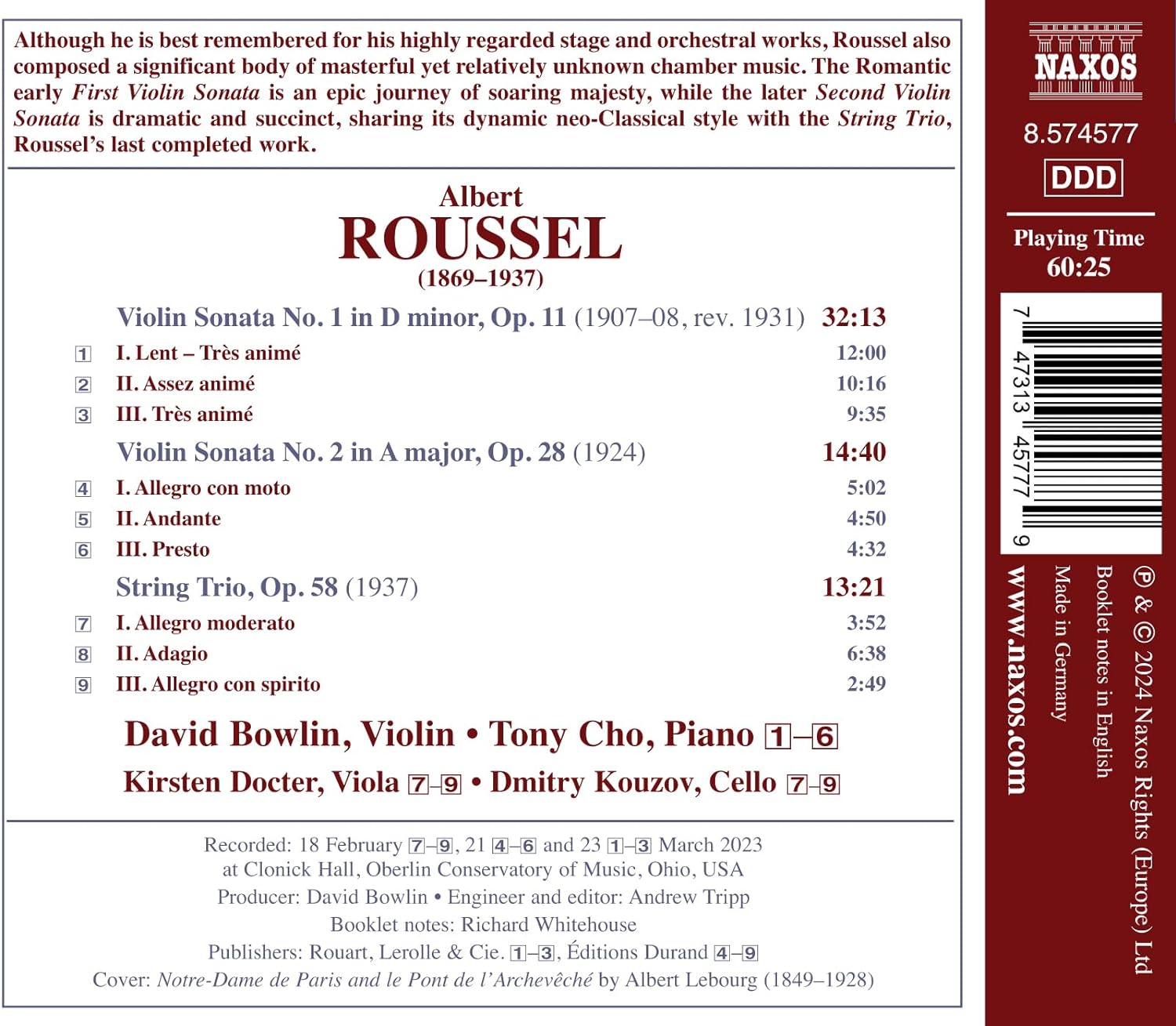 알베르 루셀: 바이올린 소나타 1 & 2번, 현악 3중주 (Roussel: Violin Sonatas Nos.1 And 2)
