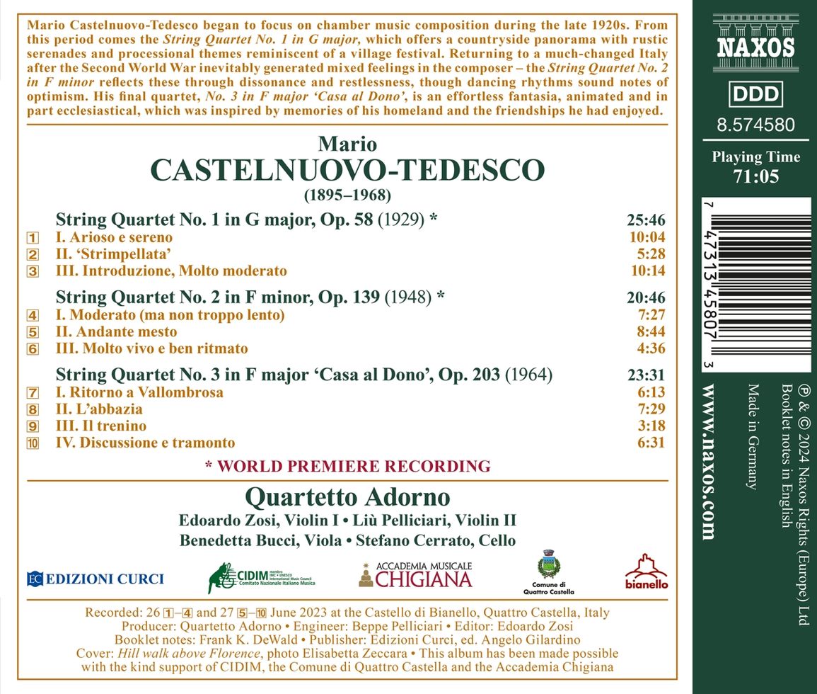 Quartetto Adorno 카스텔 누오보-테데스코: 현악사중주 전집 (Castelnuovo-Tedesco: Complete String Quartets)