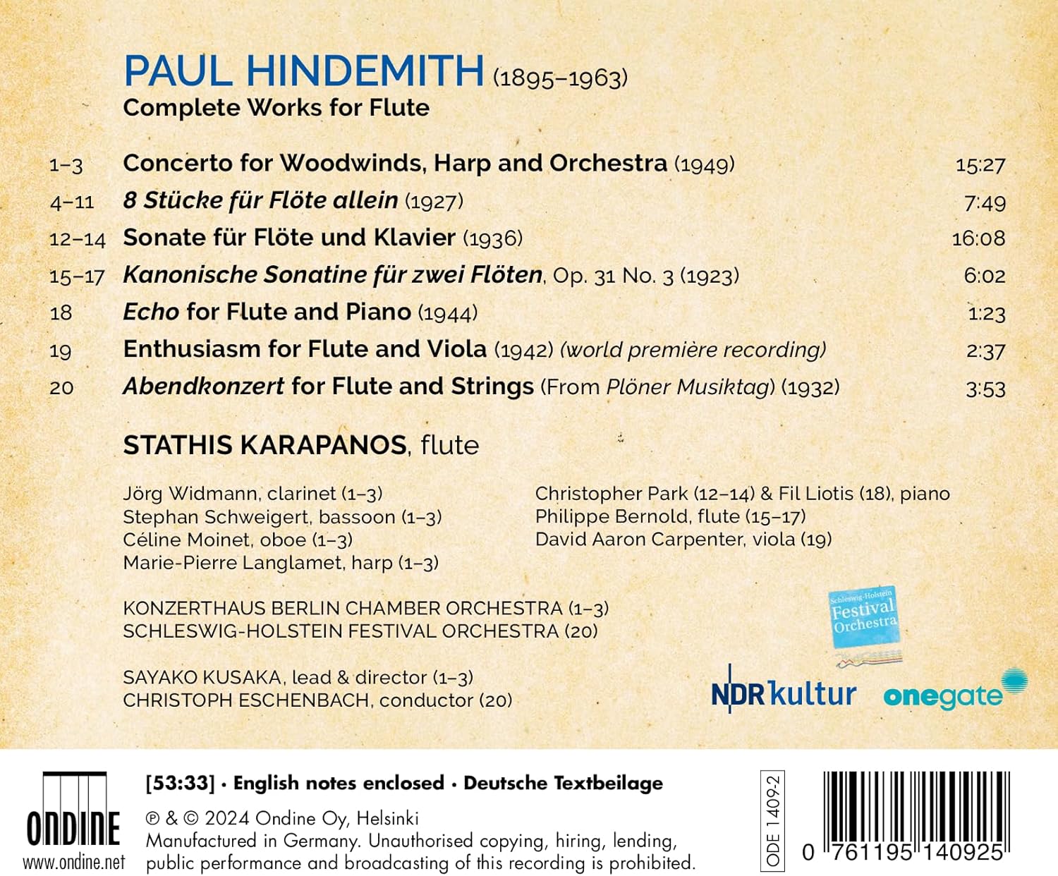 Stathis Karapanos 힌데미트: 플루트 음악 전곡 (Hindemith: Complete Works For Flute)