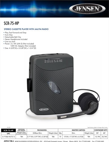 휴대용 카세트 플레이어 (Jensen SCR-75-HP Classic Personal Cassette Player with AM FM Radio)