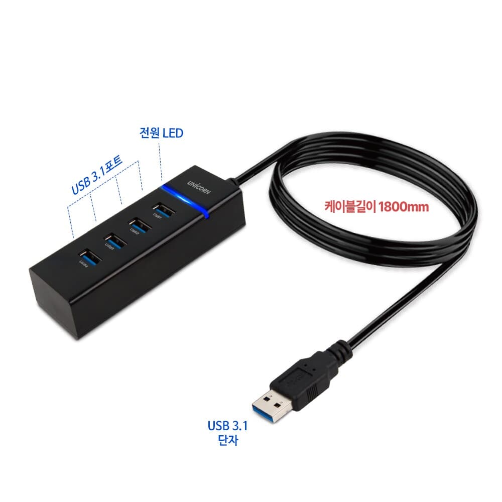 유니콘 4포트 무전원 USB3.1허브 1.8M케이블 LH-4000A 4포트UHB