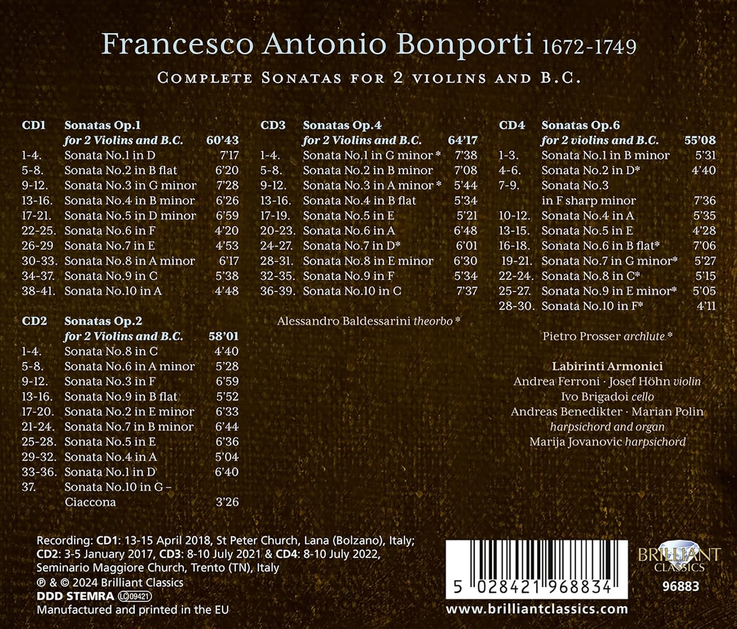Labirinti Armonici 본포르티: 두 대의 바이올린과 바소 콘티누오를 위한 소나타 전곡 (Bonporti: Complete Sonatas For 2 Violins And B.C.)