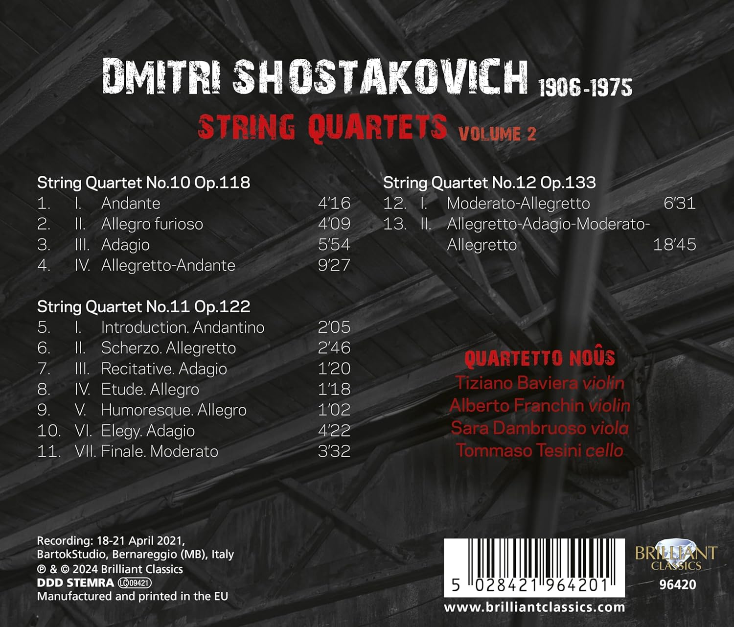 Quartetto Noûs 쇼스타코비치: 현악 사중주 전곡, 제2집 (Shostakovich: String Quartets, Vol.2)