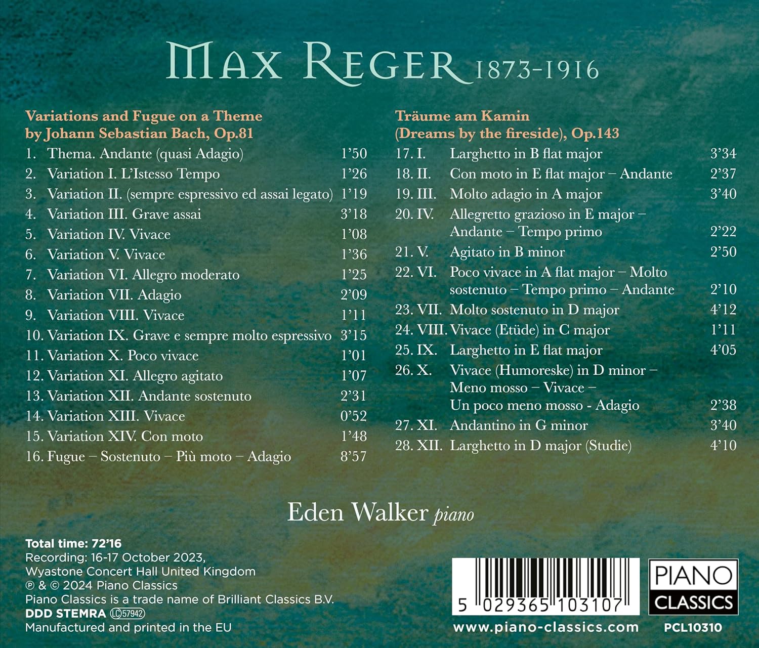 Eden Walker 레거: 바흐 변주곡, 난롯가의 꿈 (Reger: Bach Variations Op.81)