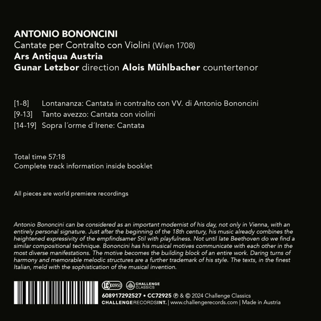 Alois Muhlbacher 보논치니: 알토 칸타타집 (Bononcini: Cantate per Contralto con Violini)