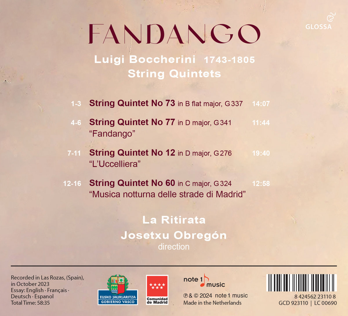 Josetxu Obregon / La Ritirata 보케리니: 4곡의 현악 5중주 (Boccherini: Fandango - String Quintets)