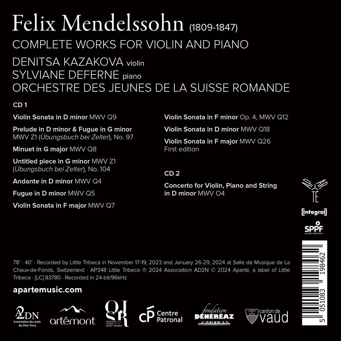 Denitsa Kazakova / Sylviane Deferne 멘델스존: 바이올린과 피아노를 위한 소나타 전곡 (Mendelssohn: Complete Works For Violin And Piano)