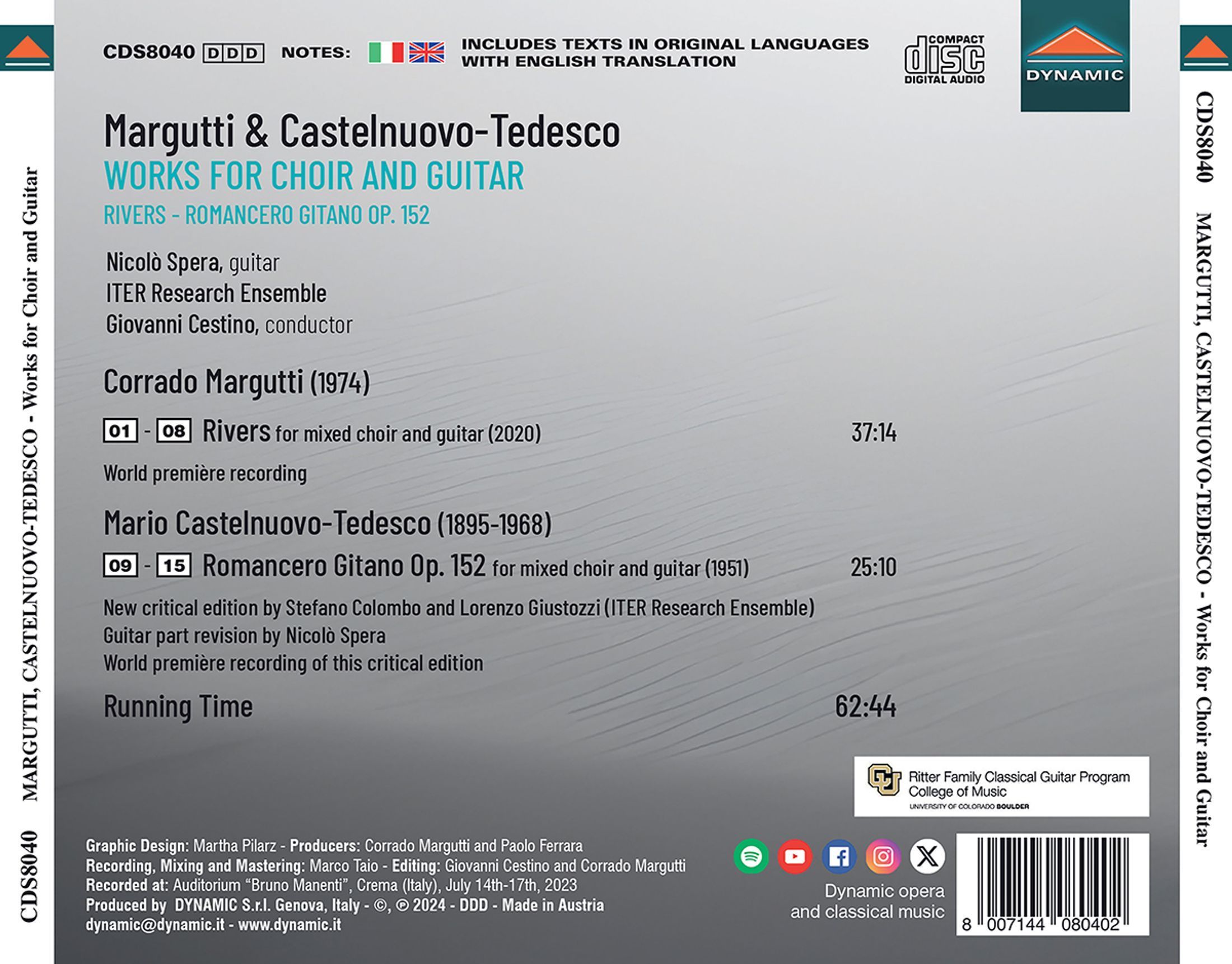 Nicolò Spera 카스텔누오보-테데스코: 로만세로 기타노 / 마르구티: 리버스 (Margutti, Castelnuovo-Tedesco: Works For Choir And Guitar)